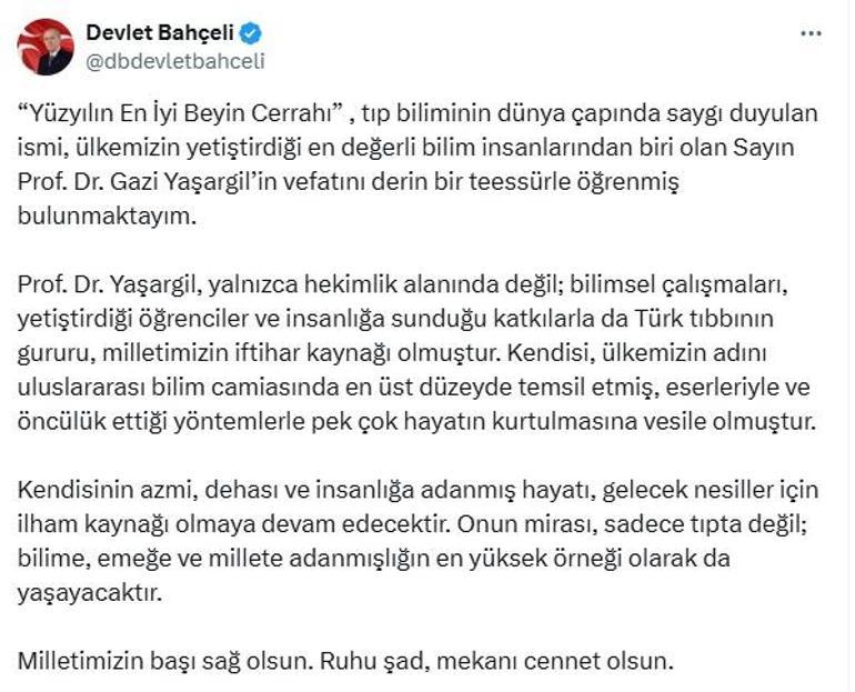 Bahçeli'den Prof. Dr. Gazi Yaşargil için taziye mesajı