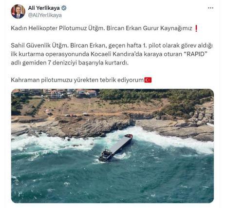 Bakan Yerlikaya'dan karaya oturan gemideki mürettebatı kurtaran helikopter pilotu üsteğmene tebrik