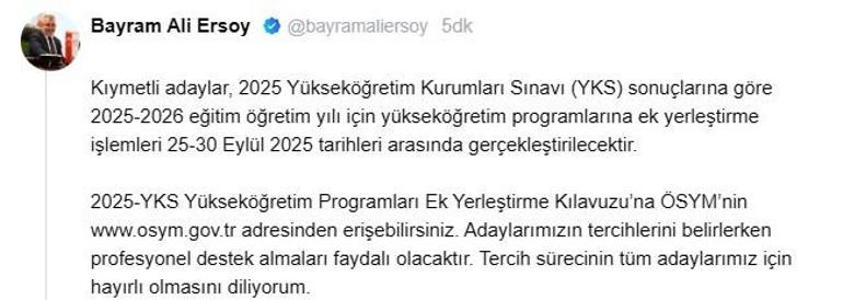 ÖSYM Başkanı Ersoy: YKS ek yerleştirme işlemleri 25-30 Eylül'de yapılacak