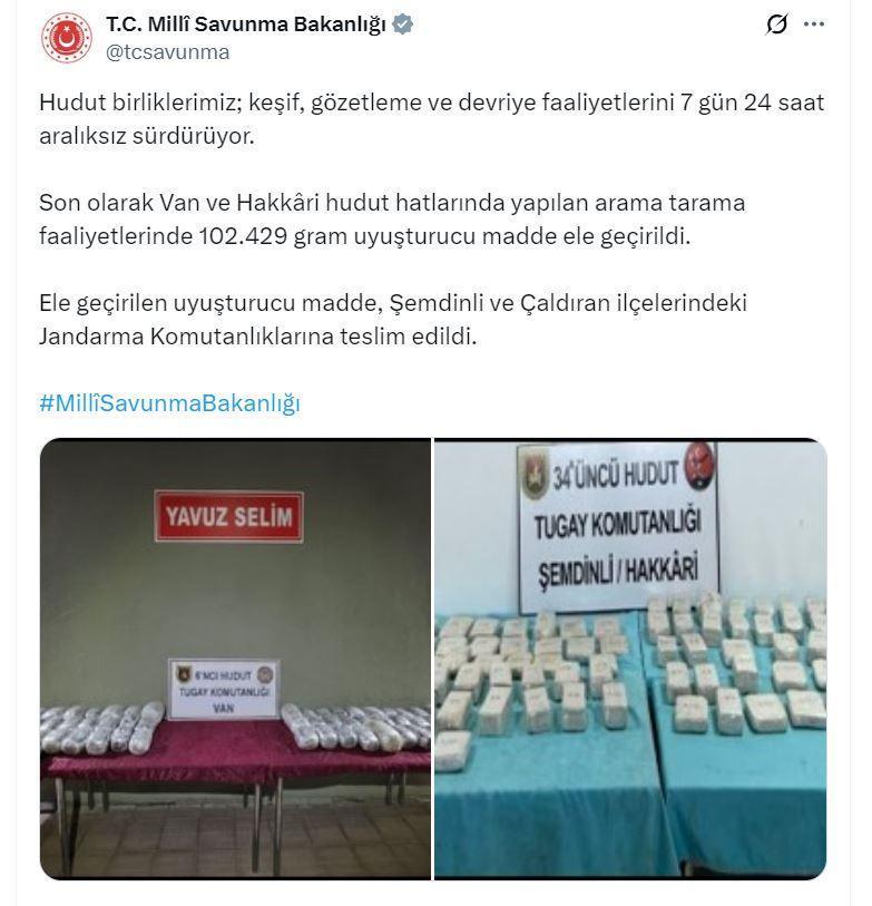 MSB: Van ve Hakkari’de 102 kilo uyuşturucu ele geçirildi