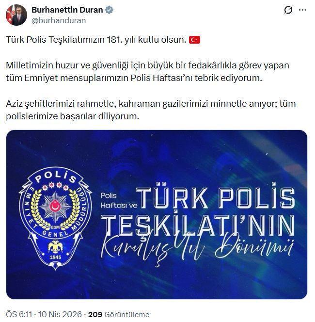İletişim Başkanı Duran, Türk Polis Teşkilatı’nın 181’inci yılını kutladı