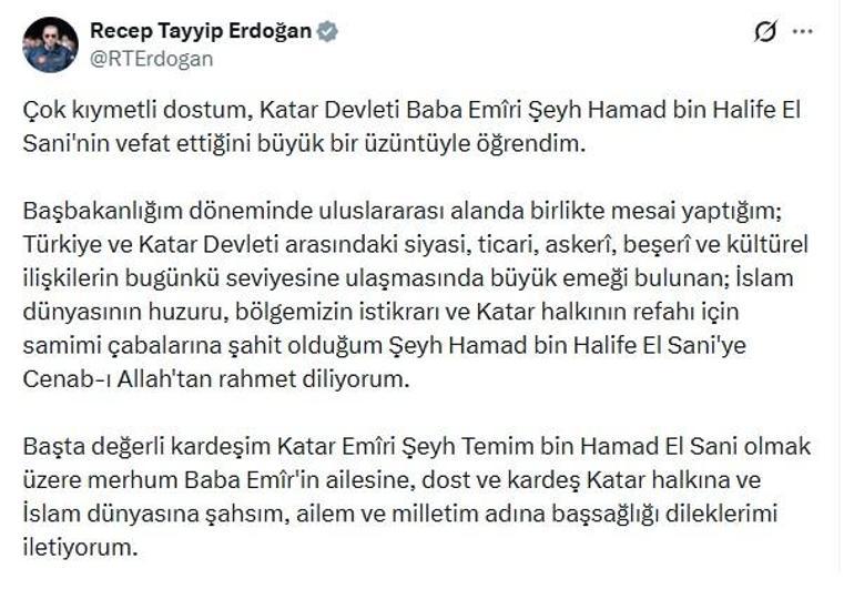 Cumhurbaşkanı Erdoğan'dan Katar eski Emiri Hamed bin Halife Al Sani için taziye mesajı