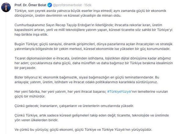 Bakan Bolat: Ekonomik bağımsızlık, siyasi bağımsızlığın en güçlü teminatlarındandır