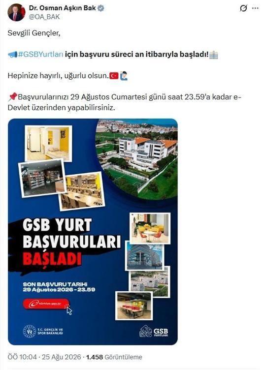 Gençlik ve Spor Bakanlığı yurt başvuruları başladı